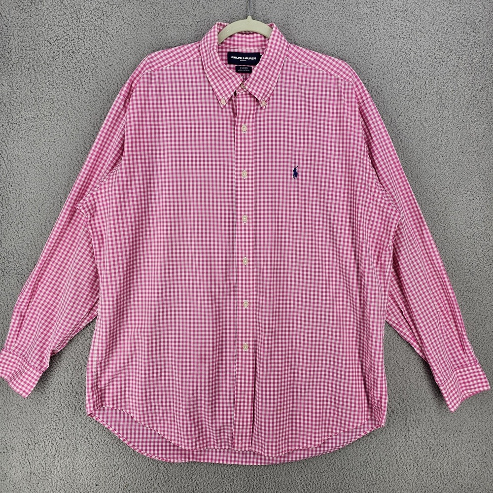 Ralph Lauren Golf Shirt Mens Large Pink Check‎ Tilden Button Down Long Sleeve